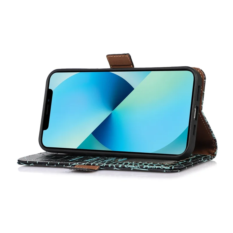 Funda de cuero auténtico de vaca con cierre magnético lateral para Xiaomi Redmi A1+ 4G / A2+ 4G / Poco C50 4G, resistente a caídas, con textura de cocodrilo, bloqueo RFID, soporte, tipo billetera abatible - Verde