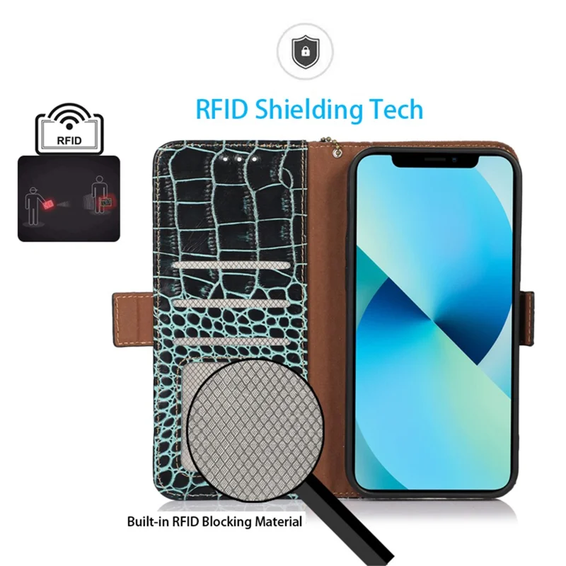 Funda de cuero auténtico de vaca con cierre magnético lateral para Xiaomi Redmi A1+ 4G / A2+ 4G / Poco C50 4G, resistente a caídas, con textura de cocodrilo, bloqueo RFID, soporte, tipo billetera abatible - Verde
