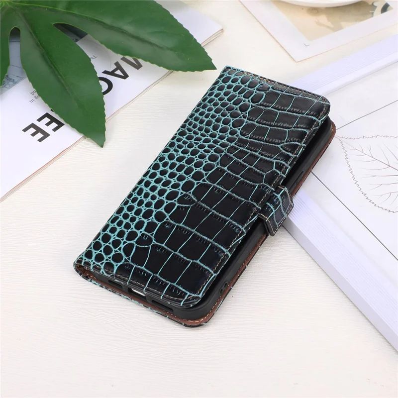 Funda de cuero auténtico de vaca con cierre magnético lateral para Xiaomi Redmi A1+ 4G / A2+ 4G / Poco C50 4G, resistente a caídas, con textura de cocodrilo, bloqueo RFID, soporte, tipo billetera abatible - Verde