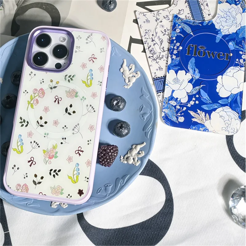 For iPhone 16 Pro Max Magnetic Case TPU PC Phone Cover with Detachable Spring Garden Backplate - Purple