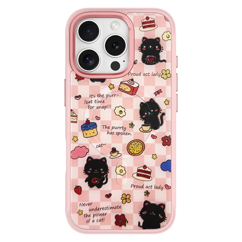 For iPhone 16 Pro Max Magnetic Case TPU PC Phone Cover with Detachable Happy Black Cat Backplate - Pink