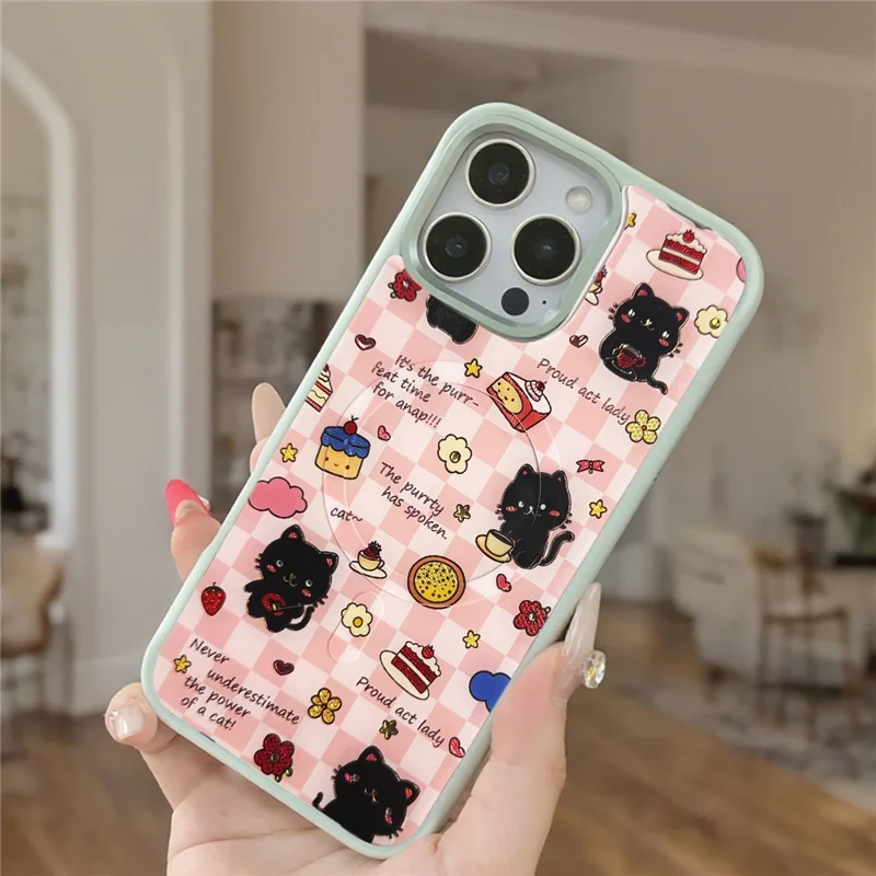 For iPhone 16 Pro Magnetic Case TPU PC Phone Cover with Detachable Happy Black Cat Backplate - Green