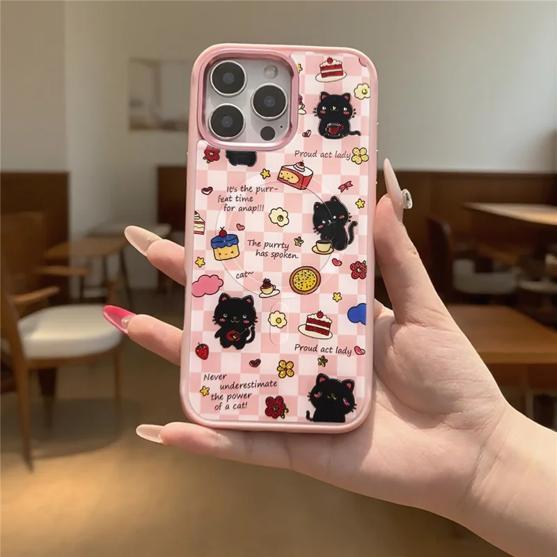 For iPhone 16 Pro Magnetic Case TPU PC Phone Cover with Detachable Happy Black Cat Backplate - Green