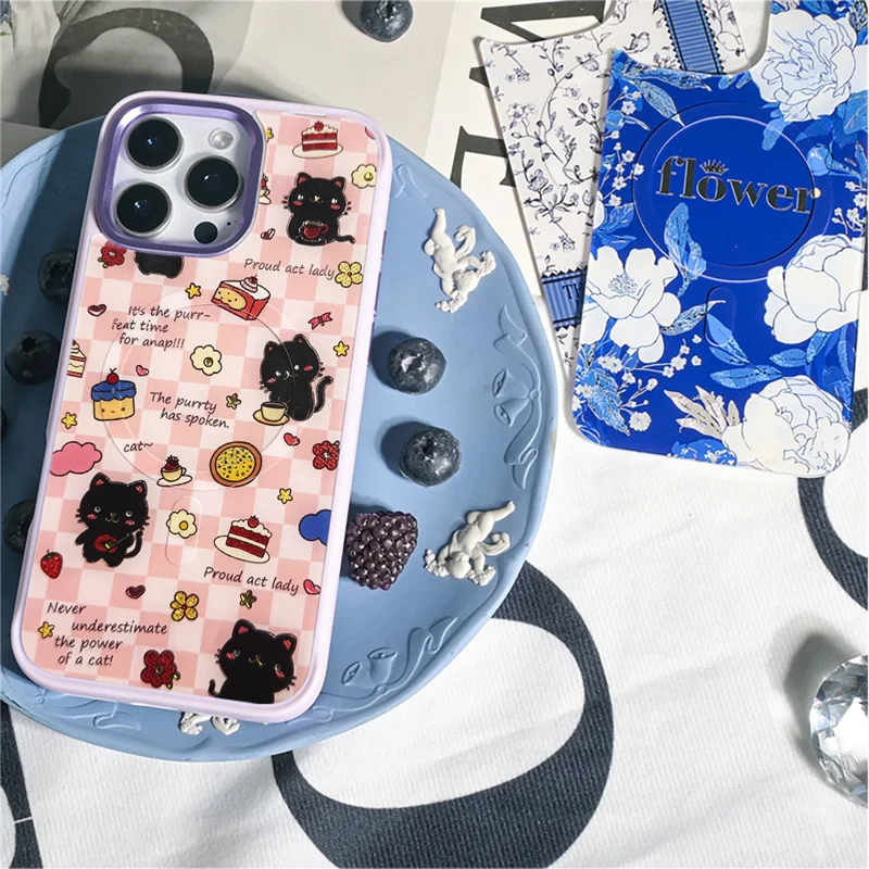 For iPhone 16 Pro Magnetic Case TPU PC Phone Cover with Detachable Happy Black Cat Backplate - Green