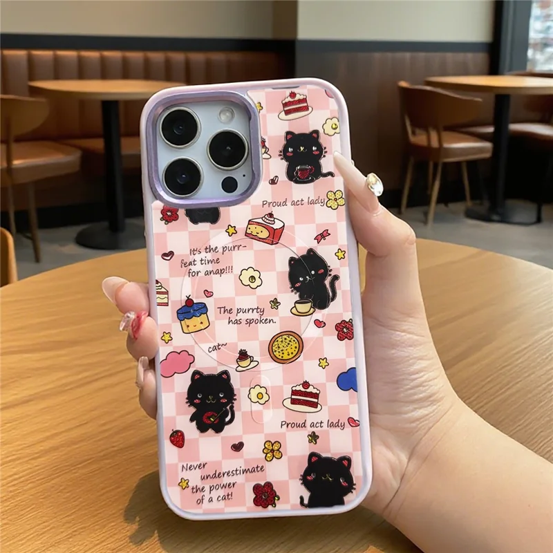 For iPhone 16 Pro Magnetic Case TPU PC Phone Cover with Detachable Happy Black Cat Backplate - Green