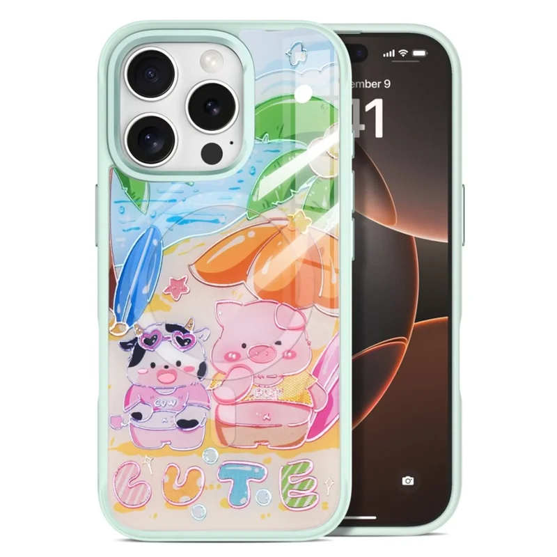 For iPhone 16 Pro Max Magnetic Case TPU PC Phone Cover with Detachable Cute Piggy Backplate - Green