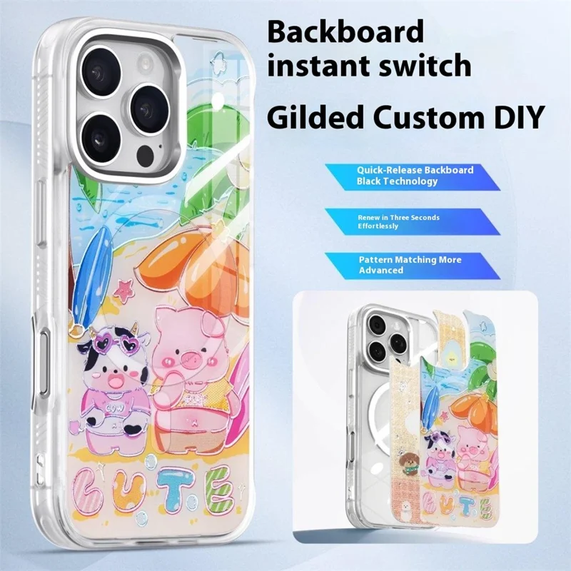 For iPhone 16 Pro Max Magnetic Case TPU PC Phone Cover with Detachable Cute Piggy Backplate - Green
