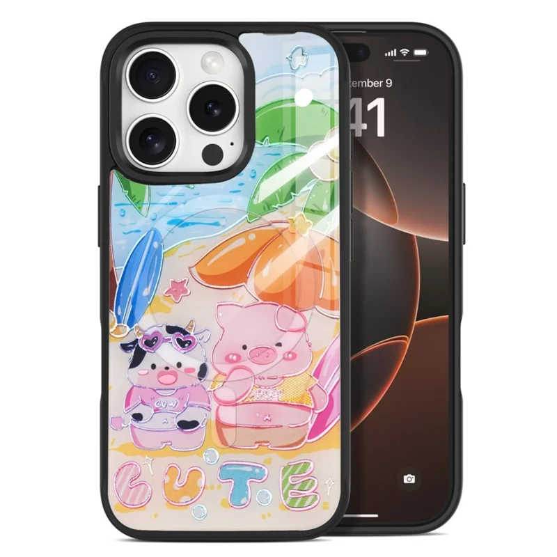 For iPhone 16 Pro Magnetic Case TPU PC Phone Cover with Detachable Cute Piggy Backplate - Black