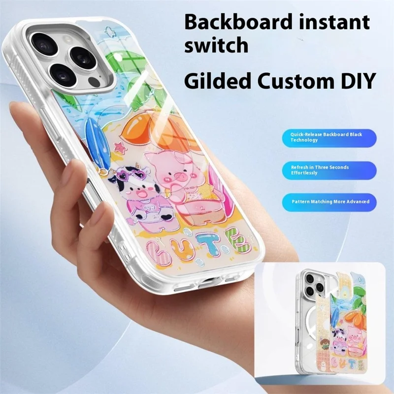 For iPhone 16 Pro Magnetic Case TPU PC Phone Cover with Detachable Cute Piggy Backplate - Black