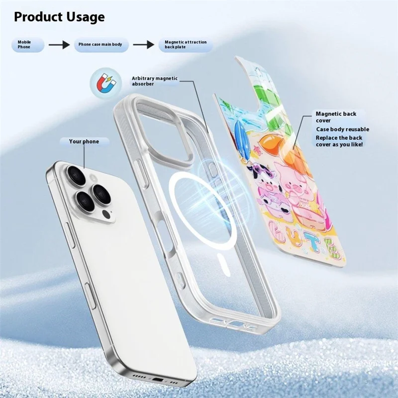 For iPhone 16 Pro Magnetic Case TPU PC Phone Cover with Detachable Cute Piggy Backplate - Black