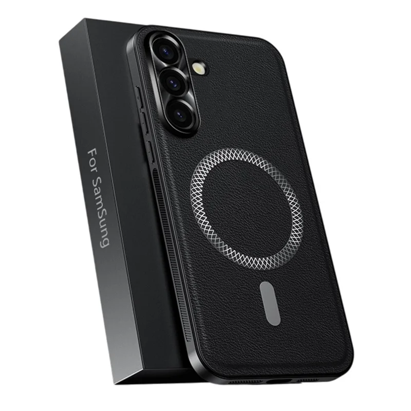 For Samsung Galaxy S25 Case Compatible with MagSafe PU TPU PC Phone Back Cover with Metal Lens Frame - Black