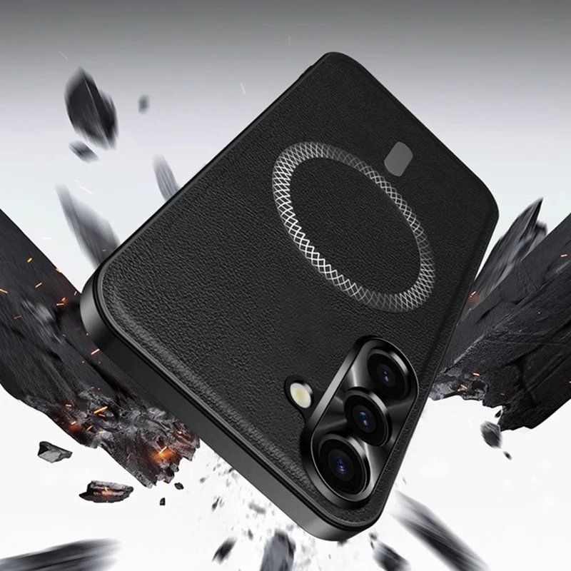 For Samsung Galaxy S25 Case Compatible with MagSafe PU TPU PC Phone Back Cover with Metal Lens Frame - Black