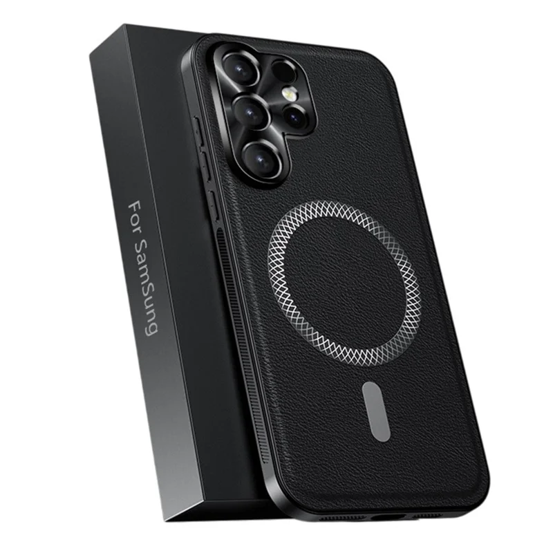 Capa para Samsung Galaxy S25 Ultra Compatível com MagSafe - Capa Traseira de Telefone em PU TPU PC com Moldura de Lente Metálica - Preto