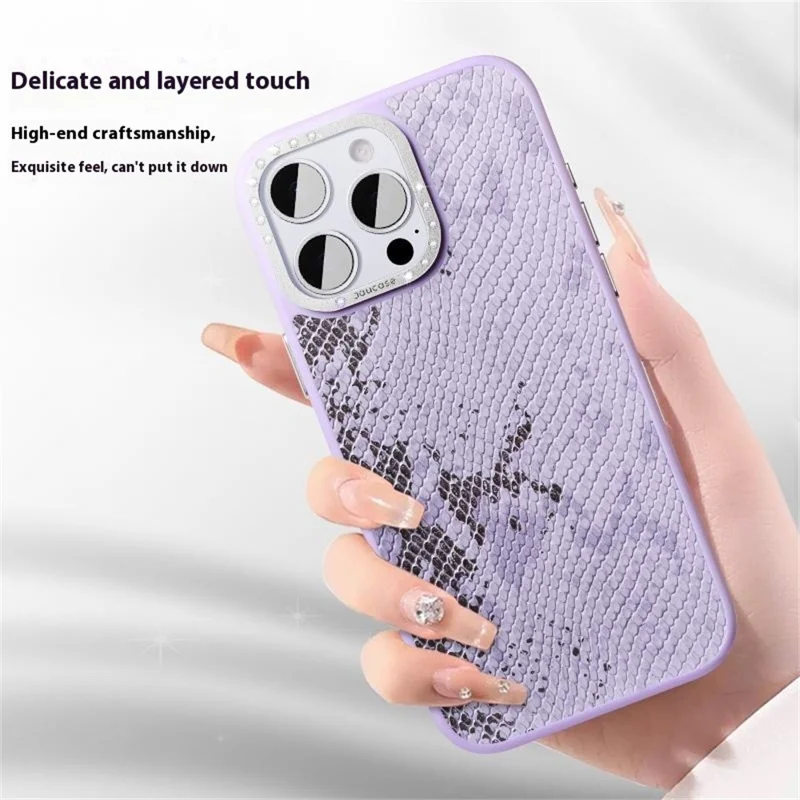 JAUCASE Магнитный чехол для iPhone 16 Pro с текстурой змеи из PU + TPU + PC - фиолетовый