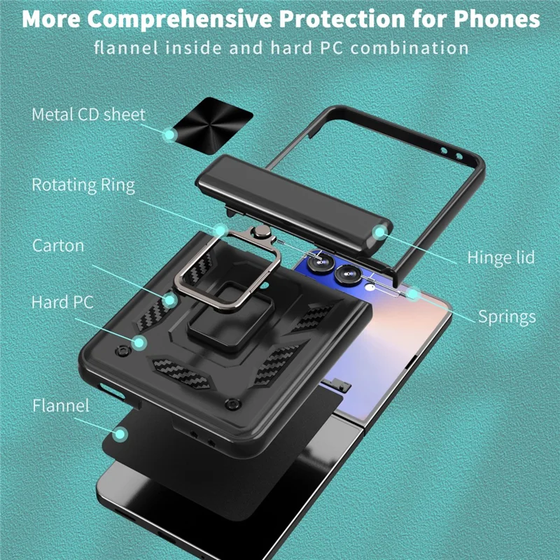 For Samsung Galaxy Z Flip7 5G Case PC + TPU Shockproof Phone Back Cover with Kickstand - Black