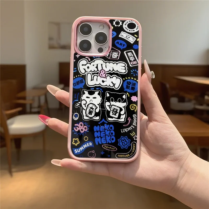 For iPhone 16 Pro Max Magnetic Case TPU PC Phone Cover with Detachable Blue Lucky Cat Backplate - Pink
