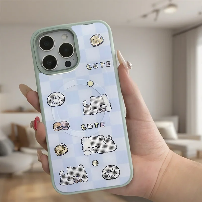 For iPhone 16 Pro Max Magnetic Case TPU PC Phone Cover with Detachable Cookie Bear Blue Backplate - Green