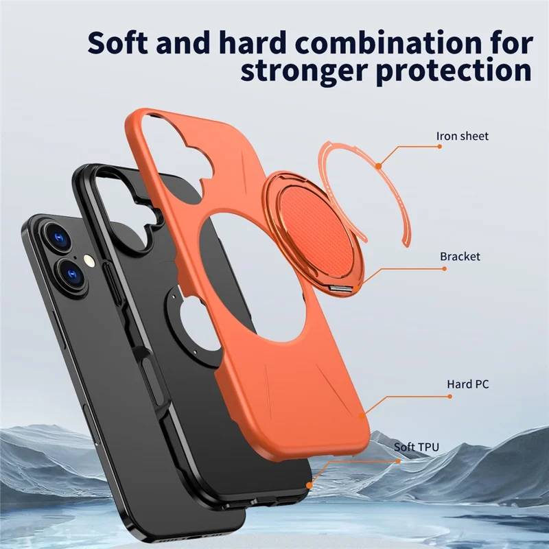 For iPhone 17 Magnetic Case Rotating Kickstand TPU + PC Phone Cover - Orange