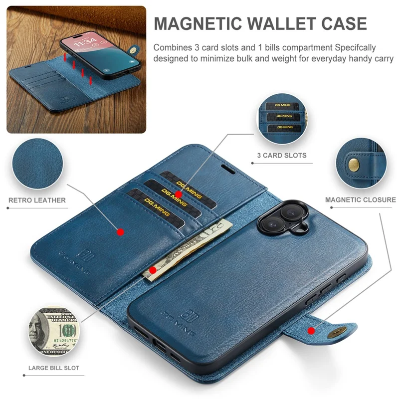 DG.MING for iPhone 17 Case Detachable Split Leather Phone Cover - Blue