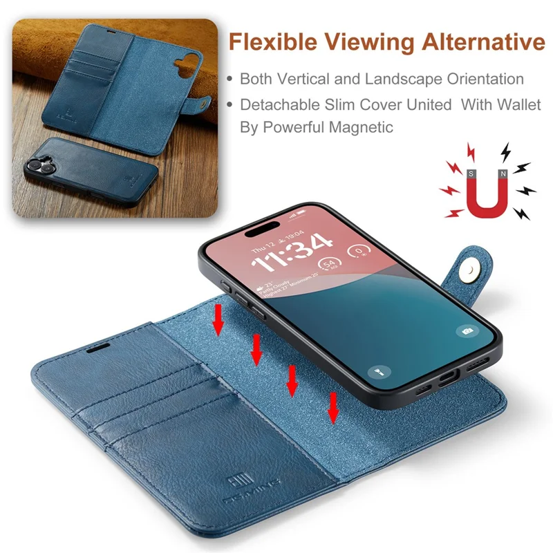 DG.MING for iPhone 17 Case Detachable Split Leather Phone Cover - Blue