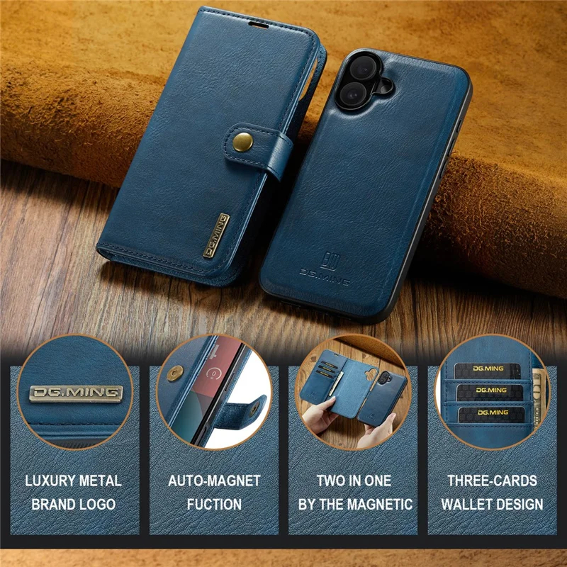 DG.MING for iPhone 17 Case Detachable Split Leather Phone Cover - Blue