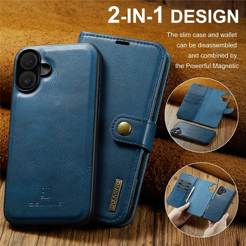 DG.MING for iPhone 17 Case Detachable Split Leather Phone Cover - Blue