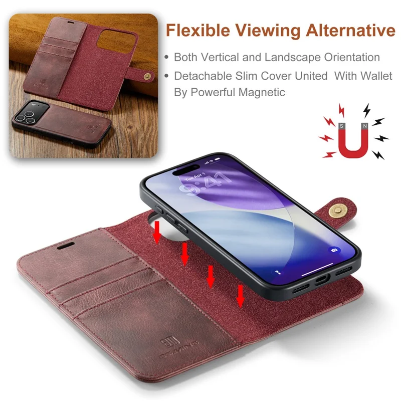 DG.MING for iPhone 17 Pro Case Detachable Split Leather Phone Cover - Red