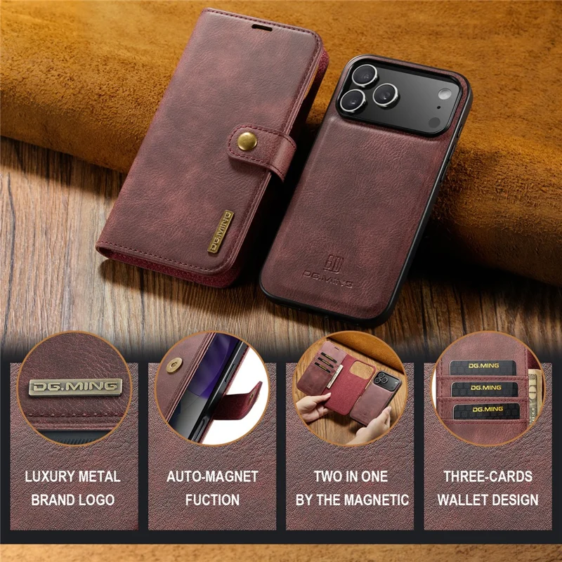 DG.MING for iPhone 17 Pro Case Detachable Split Leather Phone Cover - Red