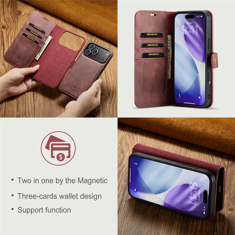 DG.MING for iPhone 17 Pro Case Detachable Split Leather Phone Cover - Red
