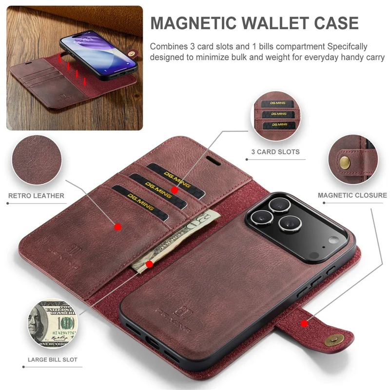 DG.MING para iPhone 17 Pro Max Capa Capa de telefone em couro destacável dividido - Vermelho