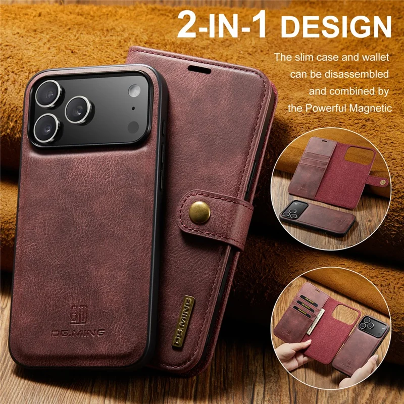 DG.MING para iPhone 17 Pro Max Capa Capa de telefone em couro destacável dividido - Vermelho