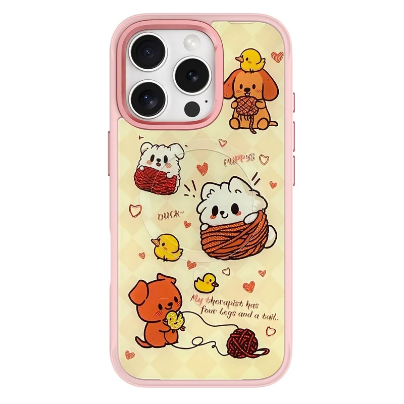 For iPhone 16 Pro Max Magnetic Case TPU PC Phone Cover with Yellow Duck Knitted Cat Backplate - Pink