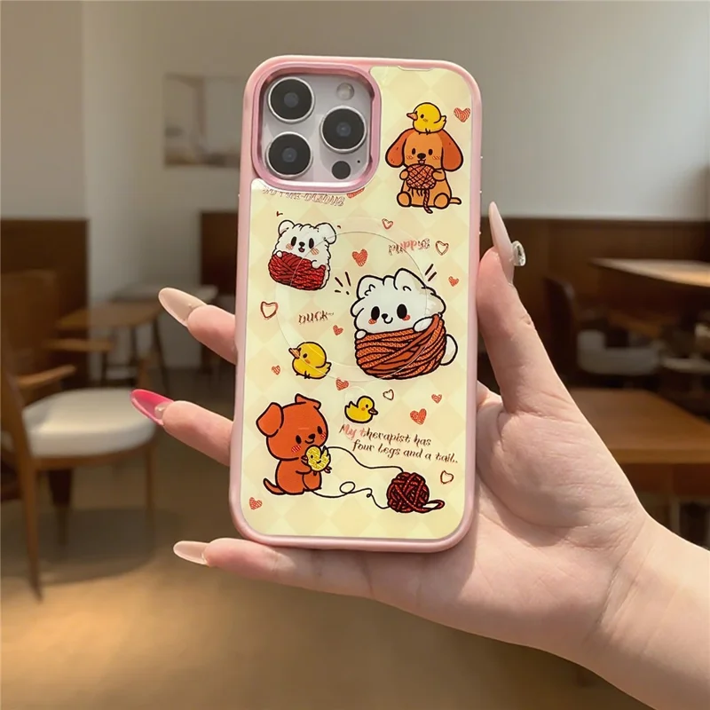 For iPhone 16 Pro Max Magnetic Case TPU PC Phone Cover with Yellow Duck Knitted Cat Backplate - Pink