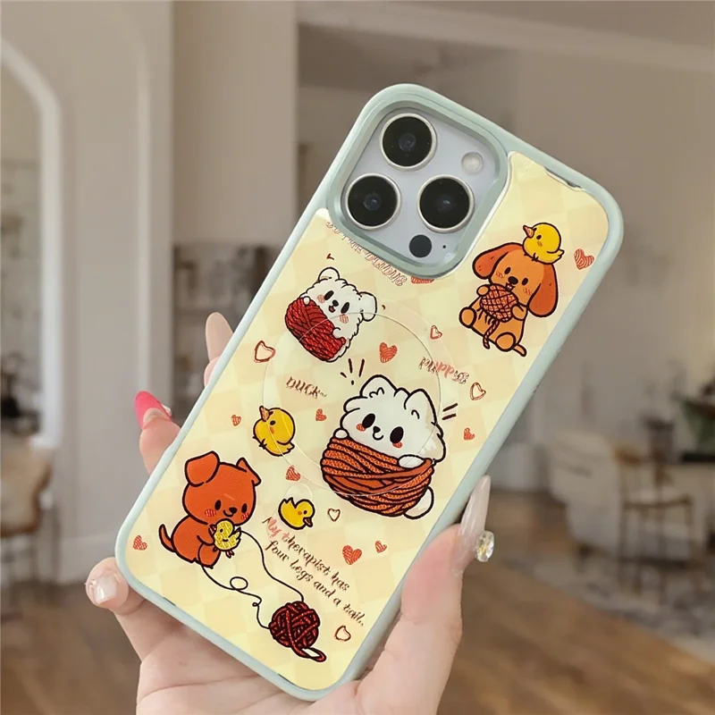 For iPhone 16 Pro Max Magnetic Case TPU PC Phone Cover with Yellow Duck Knitted Cat Backplate - Pink