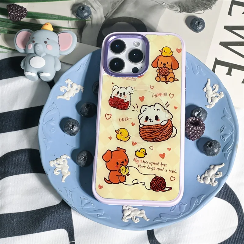 For iPhone 16 Pro Max Magnetic Case TPU PC Phone Cover with Yellow Duck Knitted Cat Backplate - Pink