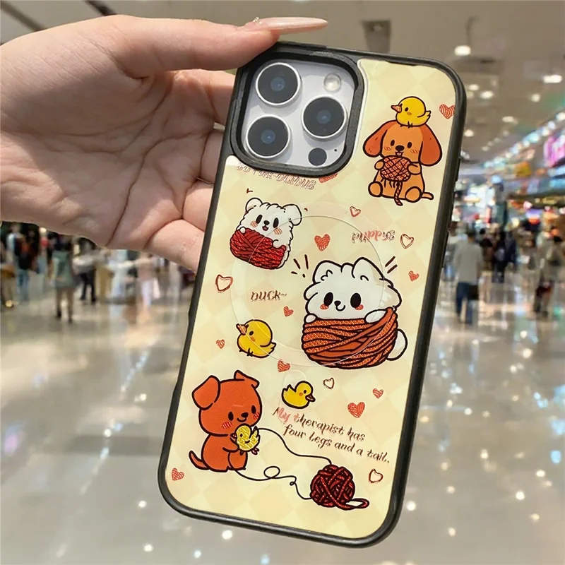 For iPhone 16 Pro Max Magnetic Case TPU PC Phone Cover with Yellow Duck Knitted Cat Backplate - Pink