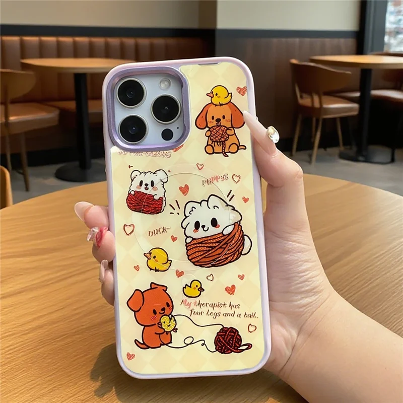 For iPhone 16 Pro Max Magnetic Case TPU PC Phone Cover with Yellow Duck Knitted Cat Backplate - Pink