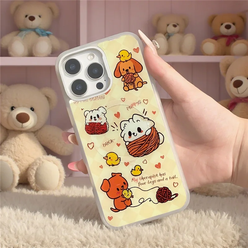 For iPhone 16 Pro Max Magnetic Case TPU PC Phone Cover with Yellow Duck Knitted Cat Backplate - Pink