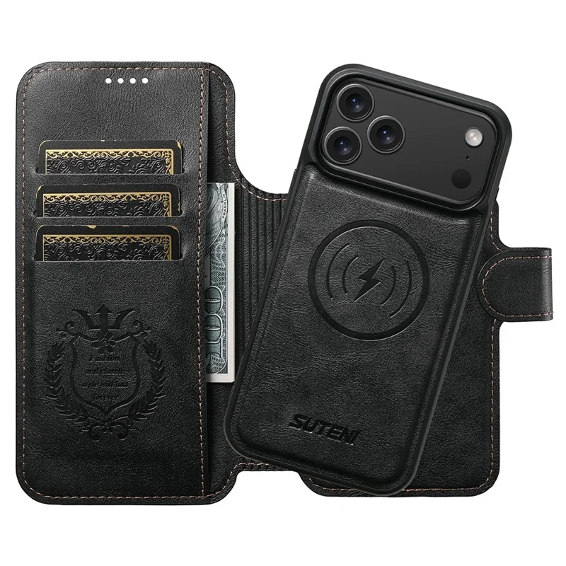 SUTENI Q-05 For iPhone 17 Pro Max Wallet Case 2 in 1 Detachable Leather Flip Phone Cover with Stand - Black