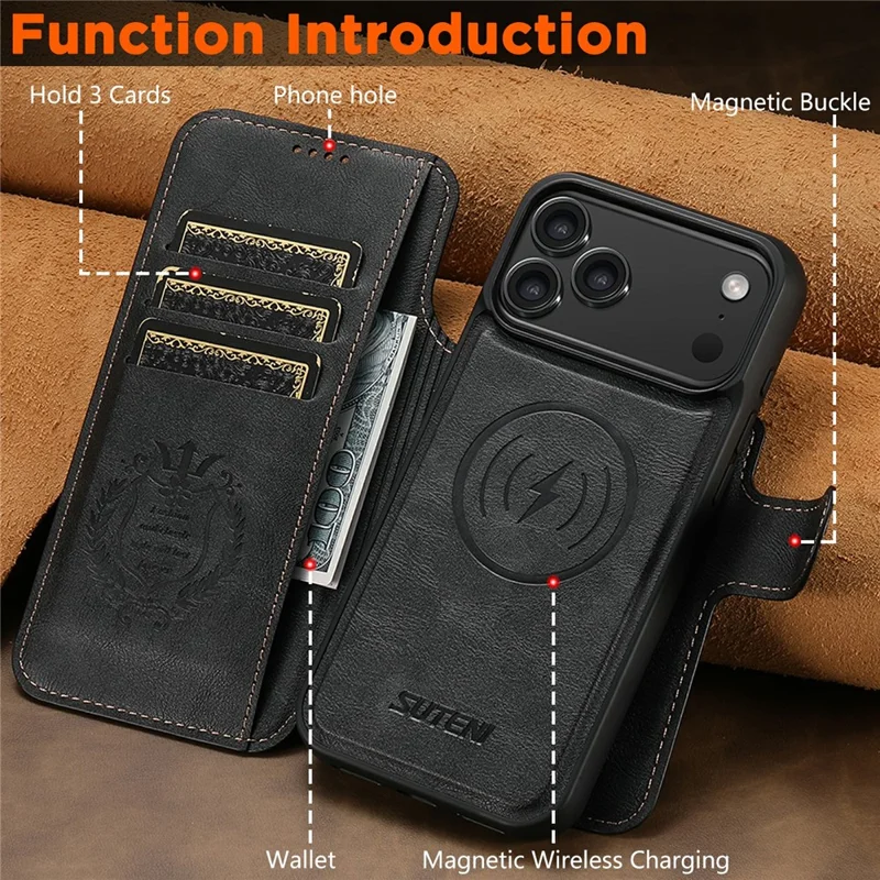 SUTENI Q-05 For iPhone 17 Pro Max Wallet Case 2 in 1 Detachable Leather Flip Phone Cover with Stand - Black