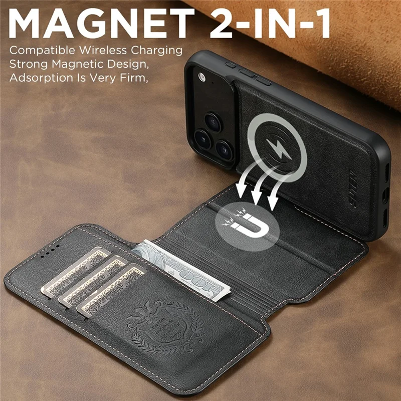 SUTENI Q-05 For iPhone 17 Pro Max Wallet Case 2 in 1 Detachable Leather Flip Phone Cover with Stand - Black