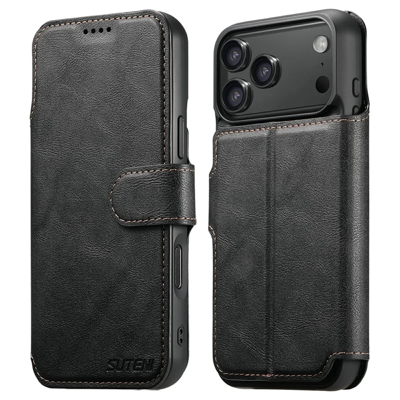 SUTENI Q-05 For iPhone 17 Pro Wallet Case 2 in 1 Detachable Leather Flip Phone Cover with Stand - Black