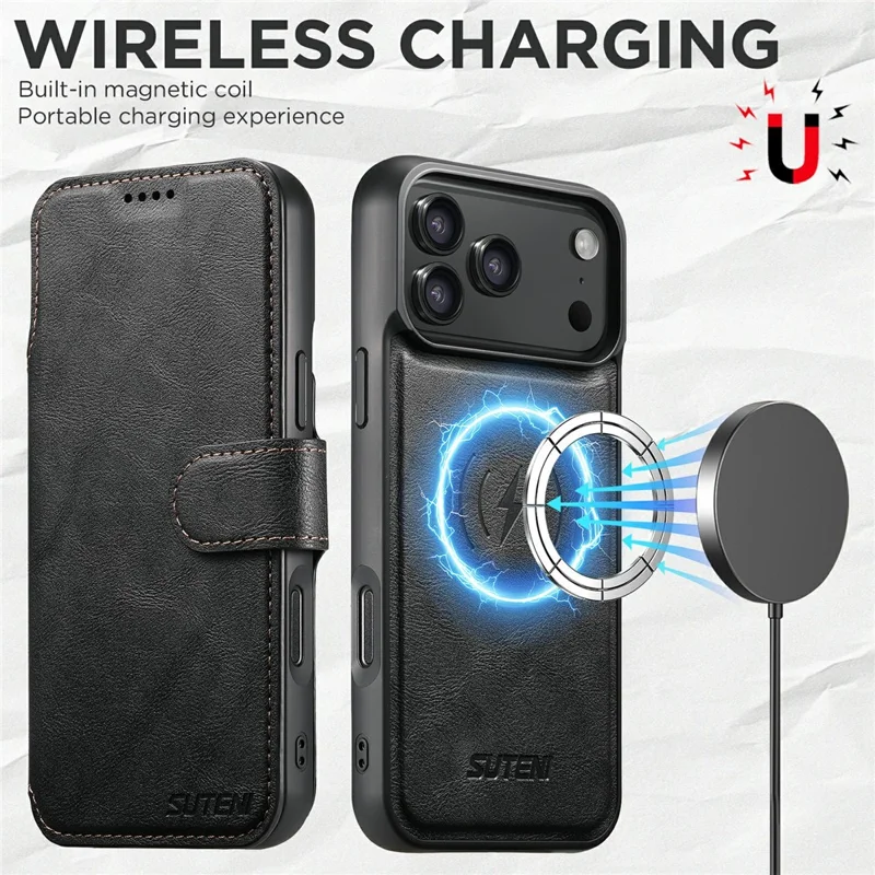 SUTENI Q-05 For iPhone 17 Pro Wallet Case 2 in 1 Detachable Leather Flip Phone Cover with Stand - Black