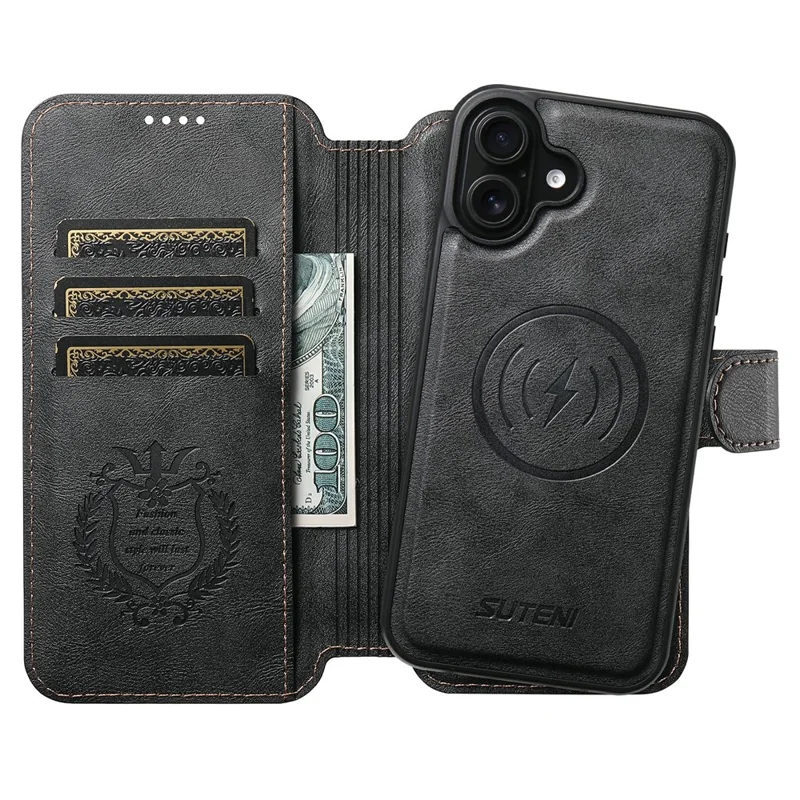 SUTENI Q-05 For iPhone 17 Wallet Case 2 in 1 Detachable Leather Flip Phone Cover with Stand - Black
