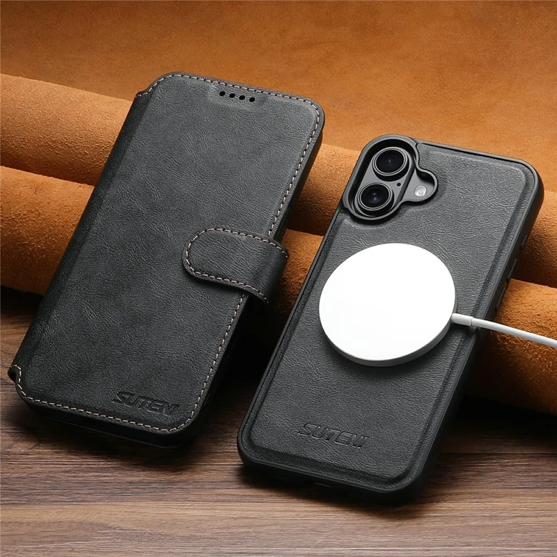 SUTENI Q-05 For iPhone 17 Wallet Case 2 in 1 Detachable Leather Flip Phone Cover with Stand - Black