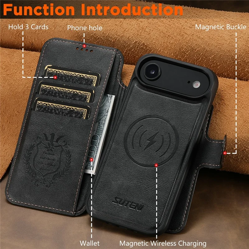 SUTENI Q-05 For iPhone 17 Air Wallet Case 2 in 1 Detachable Leather Flip Phone Cover with Stand - Black