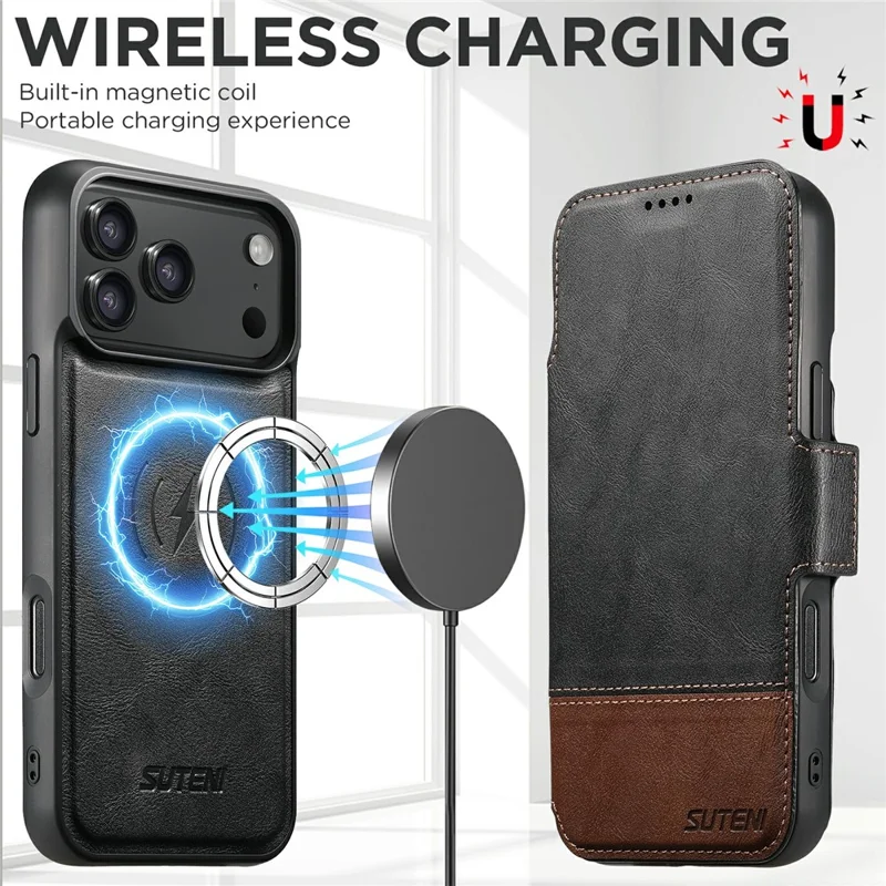 SUTENI Q-06 For iPhone 17 Pro Max Case Color Splicing Magnetic Detachable Leather Phone Cover - Black