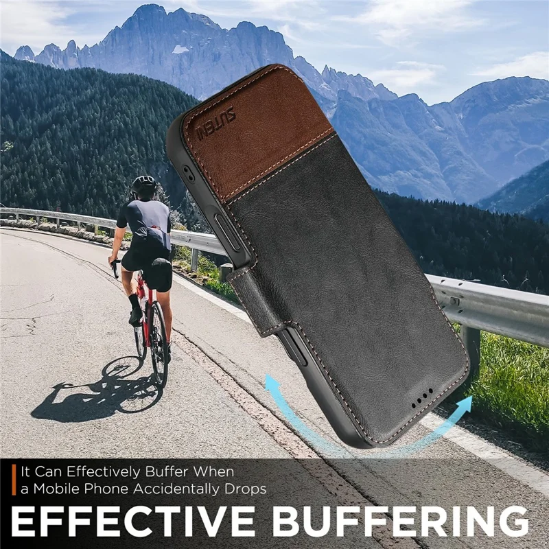 SUTENI Q-06 Funda de Cuero para iPhone 17 Pro con Diseño de Colores Combinados, Magnética y Desmontable - Negro