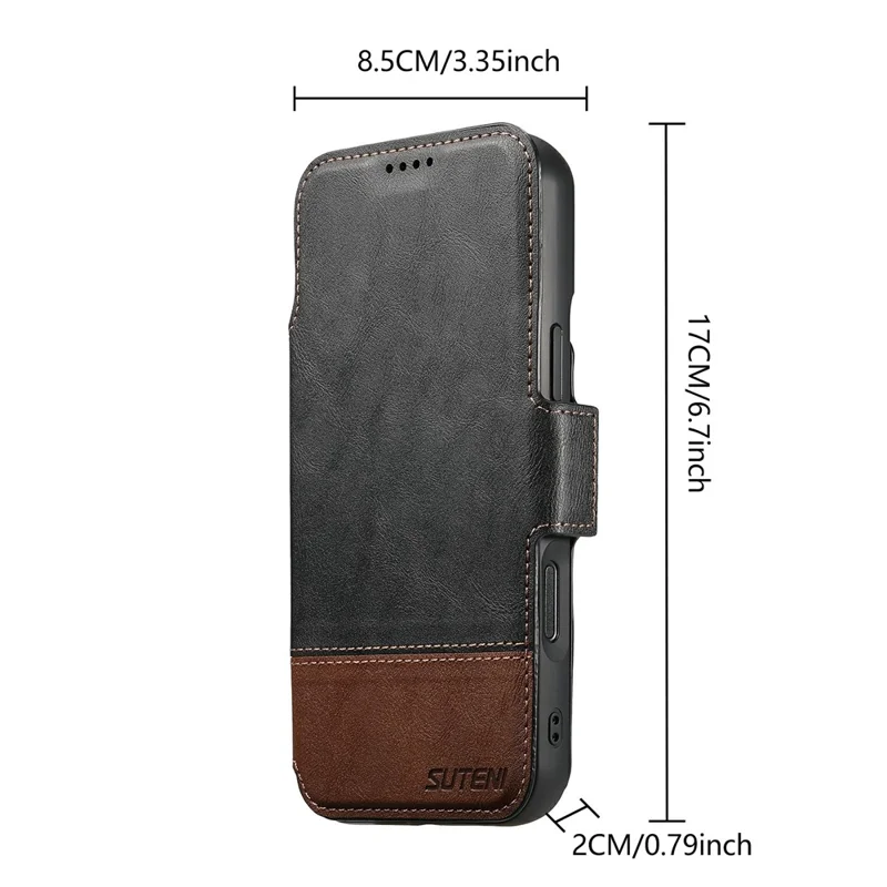 SUTENI Q-06 Funda de Cuero para iPhone 17 Pro con Diseño de Colores Combinados, Magnética y Desmontable - Negro