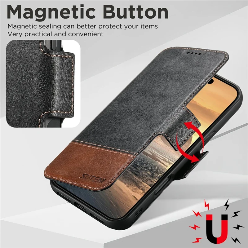 SUTENI Q-06 Funda de Cuero para iPhone 17 Pro con Diseño de Colores Combinados, Magnética y Desmontable - Negro